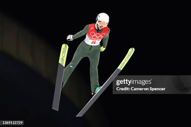 Nicole Konderla of Team Poland jumps during Mixed Team Ski Jumping First Round at National Ski Jumping Centre on February 07, 2022 in Zhangjiakou,...