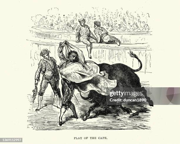 matador, bullfighter, bull fighting, play of the cape, spanish 19th century - bullfight stock illustrations