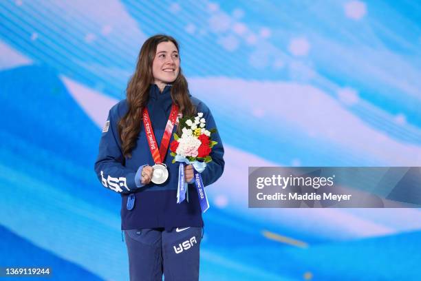 Silver medalist, Jaelin Kauf of Team United States stands on the podium during the Women's Moguls medal ceremony at Medal Plaza on February 07, 2022...