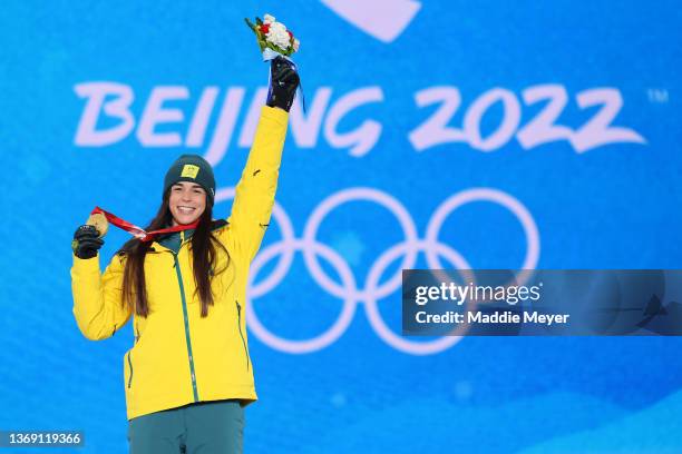 Gold medalist, Jakara Anthony of Team Australia celebrates with their medal during the Women's Moguls medal ceremony at Medal Plaza on February 07,...