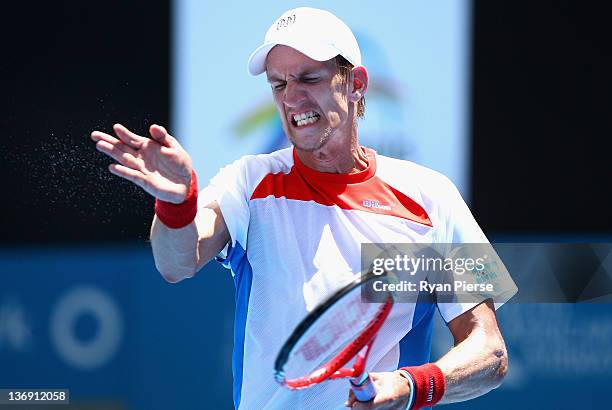 Jarkko Nieminen of Finland reacts after missing a shot during his semi final match against Denis Istomin of Uzbekistan during day six of the 2012...