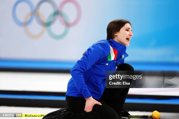 Stefania Constantini of Team Italy reacts while competing against Team Sweden during the Curling Mixed Doubles Round Robin on Day 3 of the Beijing...