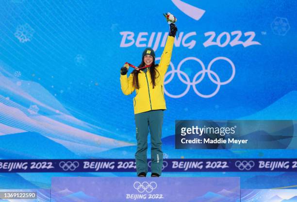 Gold medalist, Jakara Anthony of Team Australia celebrates with their medal during the Women's Moguls medal ceremony at Medal Plaza on February 07,...
