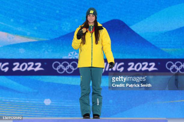 Gold medalist, Jakara Anthony of Team Australia celebrates with their medal during the Women's Moguls medal ceremony at Medal Plaza on February 07,...