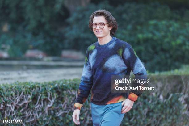 Actor Tom Holland attends the presentation of the movie 'Uncharted' on February 07, 2022 in Barcelona, Spain.