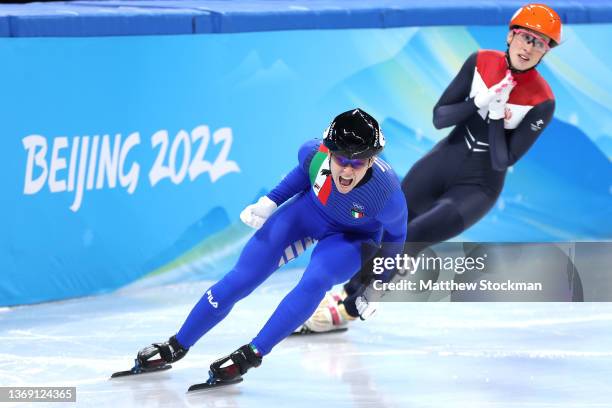 Arianna Fontana of Team Italy celebrates winning the Gold medal during the Women's 500m Final A on day three of the Beijing 2022 Winter Olympic Games...