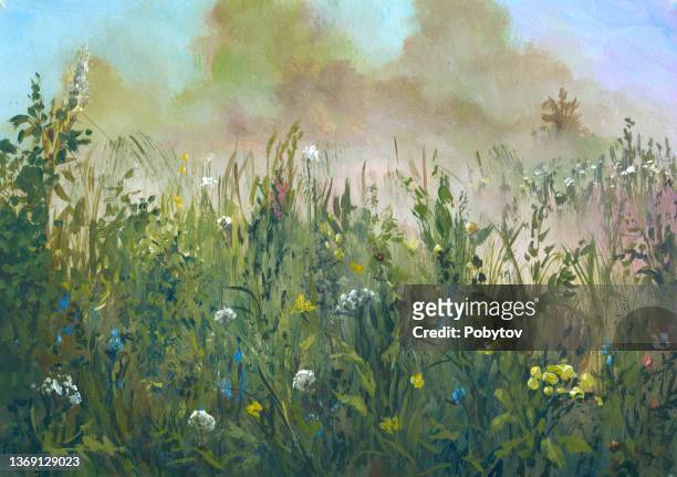 summer meadow - landscape painting stock illustrations