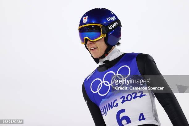 Ryoyu Kobayashi of Team Japan reacts after their jump during Mixed Team Ski Jumping Final Round at National Ski Jumping Centre on February 07, 2022...