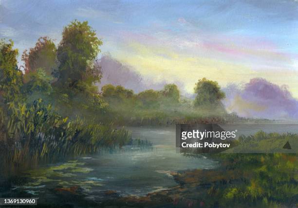 summer morning on the river, painting - forest morning light stock illustrations