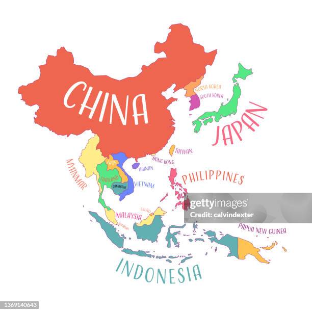 ilustraciones, imágenes clip art, dibujos animados e iconos de stock de mapa del sudeste asiático con nombres de países - extremo oriente