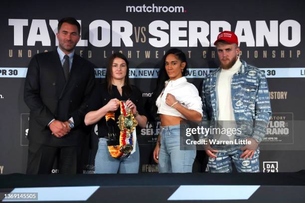 Eddie Hearn, Katie Taylor, Amanda Serrano and Jake Paul pose for a photo during a press conference at The Leadenhall Building on February 07, 2022 in...