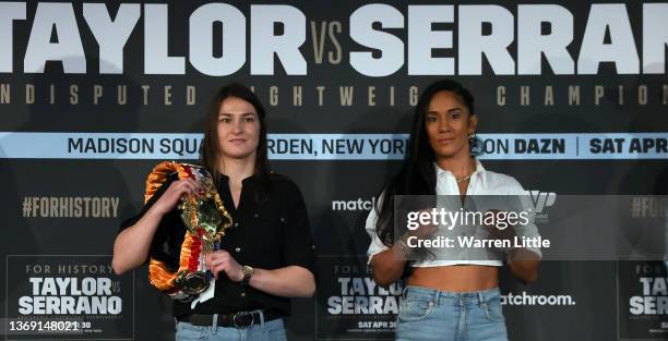 Katie Taylor and Amanda Serrano pose for a photo during a press conference at The Leadenhall Building on February 07, 2022 in London, England.