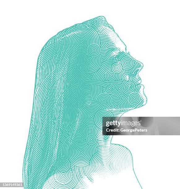 ilustrações de stock, clip art, desenhos animados e ícones de vector illustration of a young woman with glitch technique - head forward white background