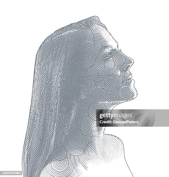 vector illustration of a young woman with glitch technique - head forward white background stock illustrations