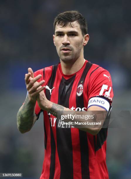 Alessio Romagnoli of AC Milan gestures during the Serie A match between FC Internazionale and AC Milan at Stadio Giuseppe Meazza on February 05, 2022...