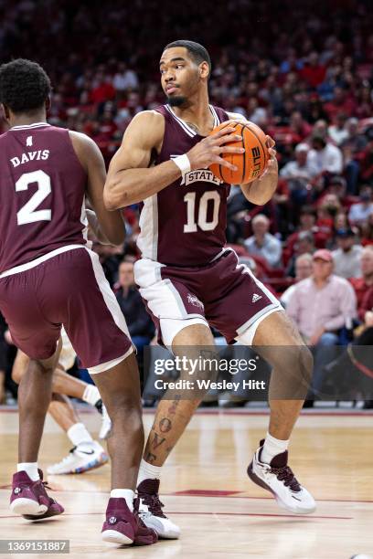 Garrison Brooks of the Mississippi State Bulldogs gets a rebound during a game against the Arkansas Razorbacks at Bud Walton Arena on February 05,...