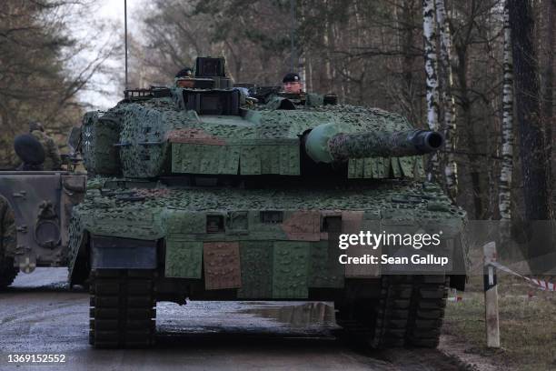 New Leopard 2 A7V heavy battle tank Bundeswehr's 9th Panzer Training Brigade stands during a visit by Defence Minister Christine Lambrecht to the...