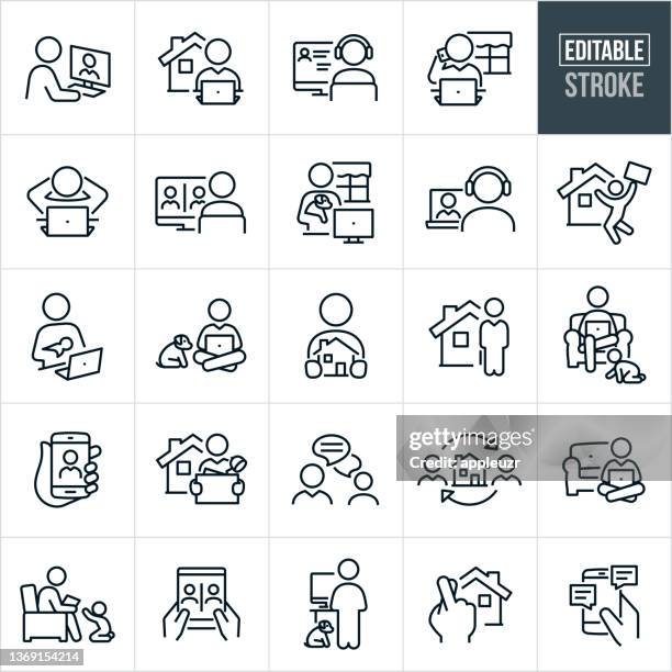 work from home thin line icons - editable stroke - remote working stock illustrations