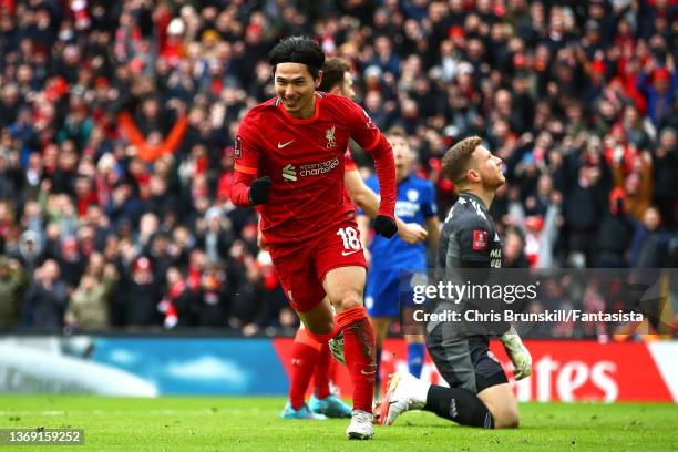 Takumi Minamino of Liverpool celebrates scoring his side's second goal during the Emirates FA Cup Fourth Round match between Liverpool and Cardiff...