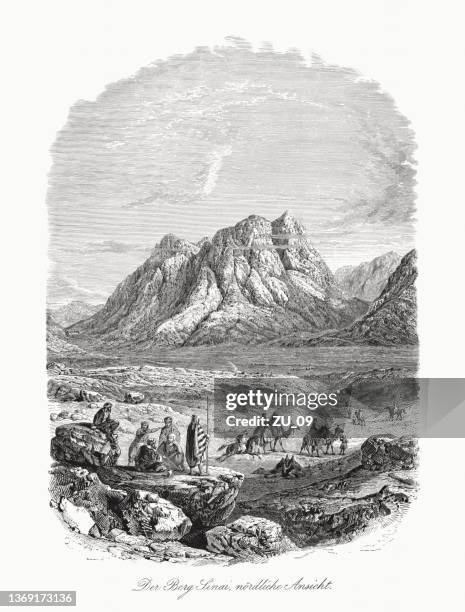 historische ansicht des berges sinai, ägypten, holzschnitt, veröffentlicht 1862 - sinai stock-grafiken, -clipart, -cartoons und -symbole