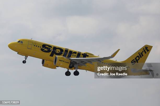 Spirit Airlines plane takes off from the Fort Lauderdale-Hollywood International Airport on February 07, 2022 in Fort Lauderdale, Florida. Spirit and...