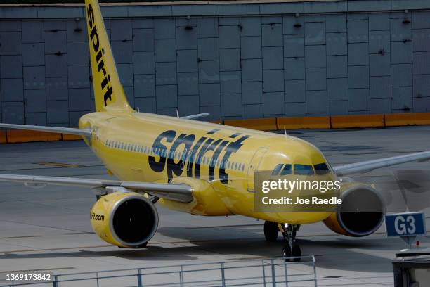 Spirit Airlines plane on the tarmac at the Fort Lauderdale-Hollywood International Airport on February 07, 2022 in Fort Lauderdale, Florida. Spirit...