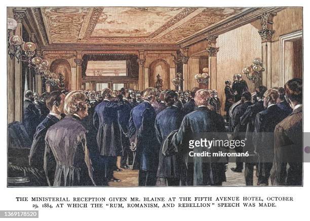 old engraved illustration of the ministerial reception given mr. blaine at the fifth avenue hotel, october 29, 1884 which the "rum, romanism and rebellion" speech was made - political party stock-fotos und bilder