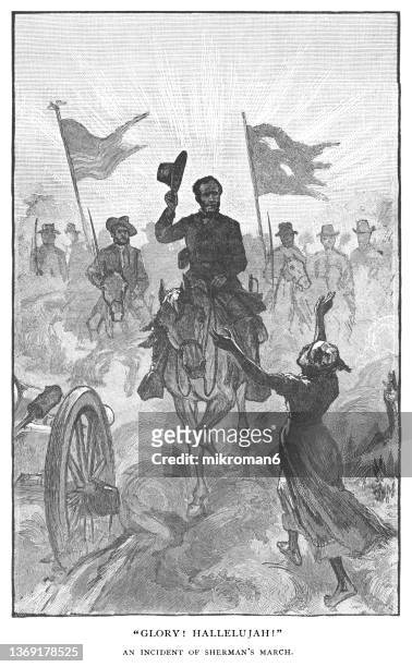 old engraved illustration of union general william tecumseh sherman's march - civil war stockfoto's en -beelden
