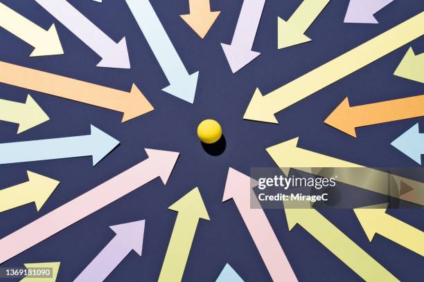 concentrated arrows focus on a sphere point - surrounding stock pictures, royalty-free photos & images