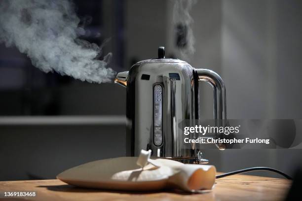 In this photo illustration a domestic electric kettle emits steam and vapour next to a hot water bottle on February 07, 2022 in Knutsford, United...