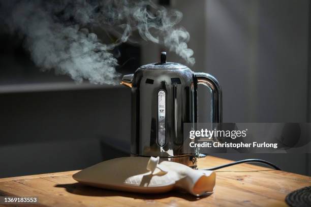 In this photo illustration a domestic electric kettle emits steam and vapour next to a hot water bottle on February 07, 2022 in Knutsford, United...