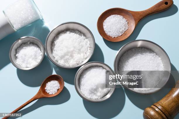 sea salt variation in bowls and spoons - kosher stock pictures, royalty-free photos & images