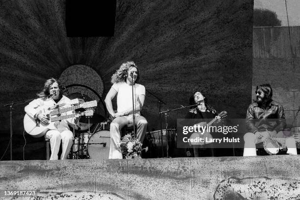 Led Zeppelin, is performing at Oakland Coliseum in Oakland, California on July 24, 1977.