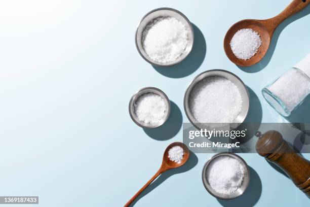 sea salt variation in bowls and spoons - salt shaker ストックフォトと画像