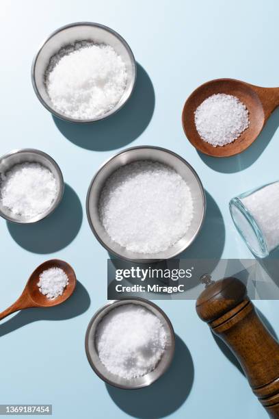 sea salt variation in bowls and spoons - salt seasoning stock pictures, royalty-free photos & images