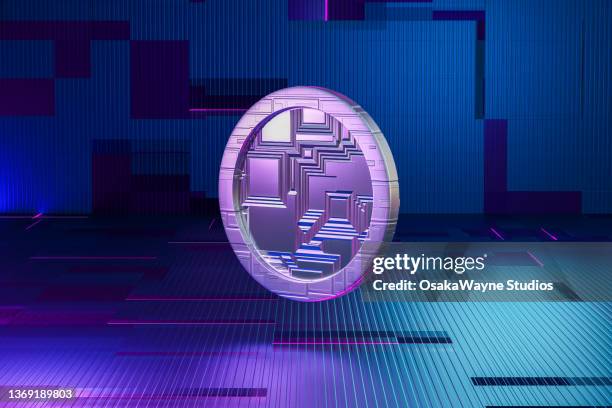 computer graphic of standing coin, abstract futuristic background - cryptocurrencies stock-fotos und bilder