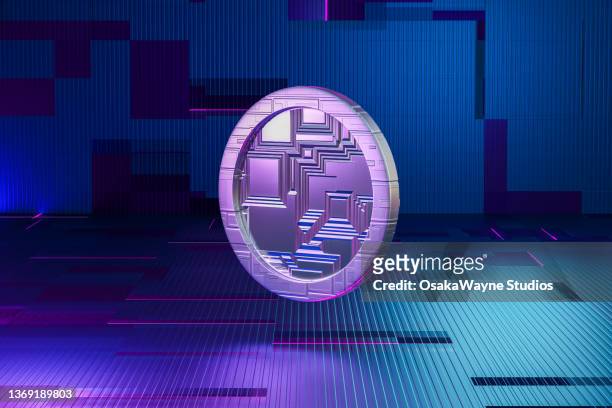 computer graphic of standing coin, abstract futuristic background - bitcoin symbol stockfoto's en -beelden