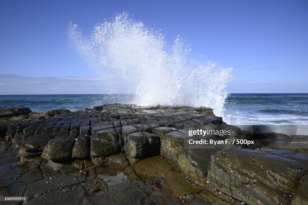 Crashing waves,Scenic view of sea against clear sky,Wattamolla Beach,Royal National Park,New South Wales,Australia