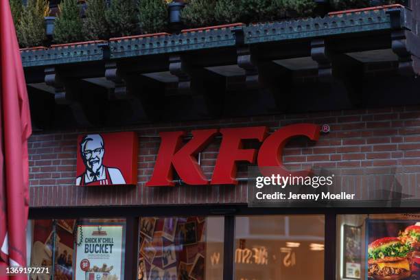 The exterior of a Kentucky Fried Chicken restaurant is seen on February 05, 2022 in Dusseldorf, Germany.