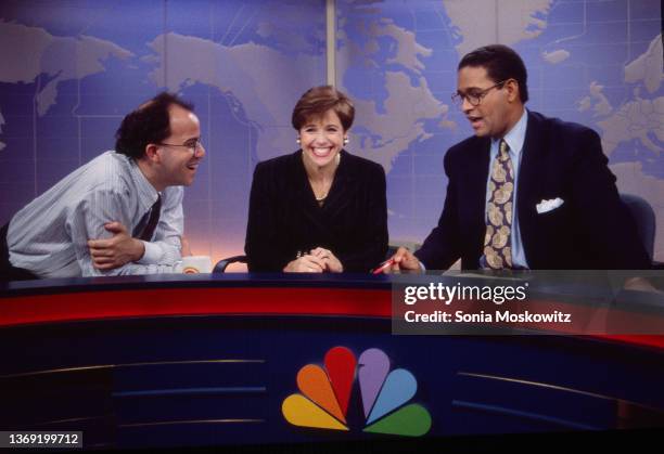Executive producer of the Today Show Jeff Zucker, poses with Katie Couric and Bryant Gumble on the set of the Today Show at NBC on January 21, 1993...