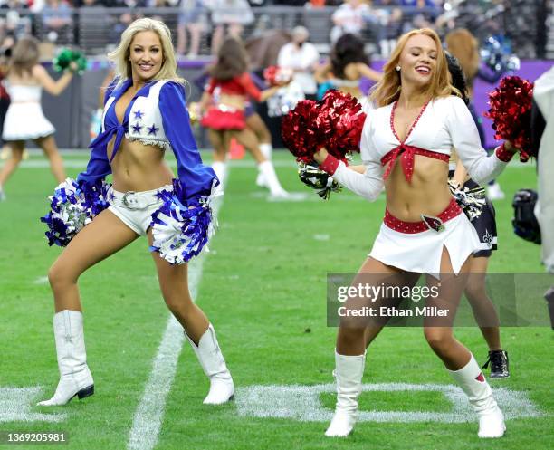 Pro Bowl cheerleader representatives Lexie from the Dallas Cowboys and Danielle from the Arizona Cardinals perform during the 2022 NFL Pro Bowl at...