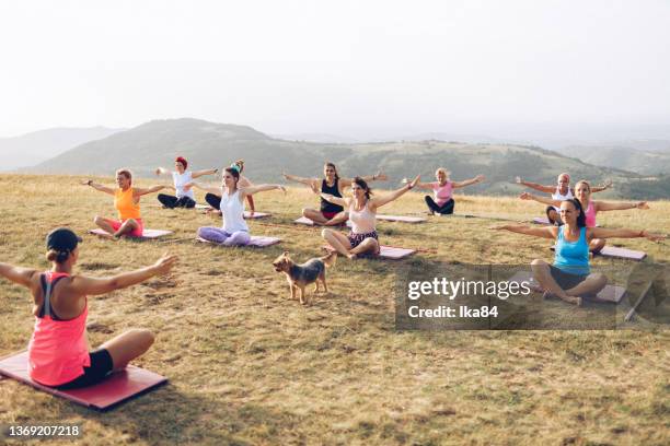 big group of women going yoga class outdoors on a hill - zen dog stock pictures, royalty-free photos & images