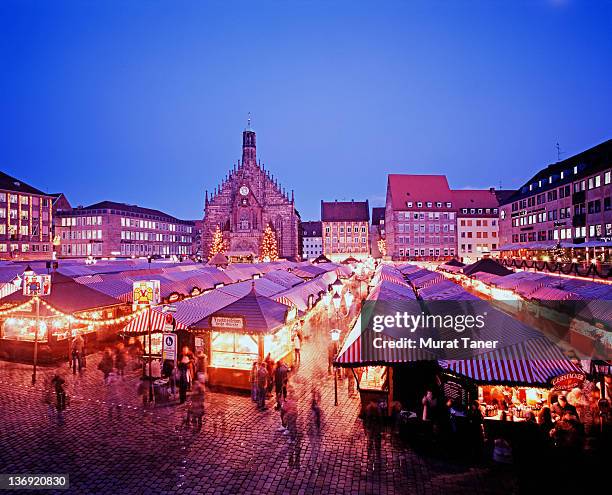 elevated view of a christmas market - nuremberg stock pictures, royalty-free photos & images