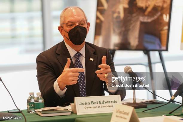 Louisiana Governor John Bel Edwards speaks to press at Delgado Community College on February 07, 2022 in New Orleans, Louisiana.