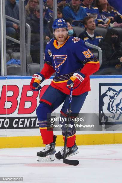 Colton Parayko of the St. Louis Blues skates against the Nashville Predators at Enterprise Center on January 17, 2022 in St Louis, Missouri.