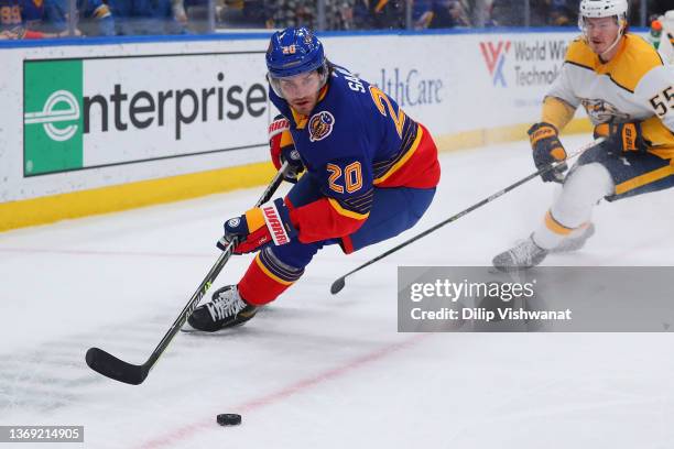 Brandon Saad of the St. Louis Blues skates against the Nashville Predators at Enterprise Center on January 17, 2022 in St Louis, Missouri.