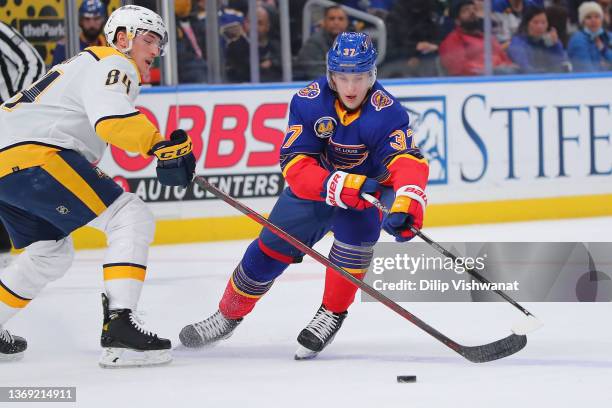 Klim Kostin of the St. Louis Blues skates against the Nashville Predators at Enterprise Center on January 17, 2022 in St Louis, Missouri.