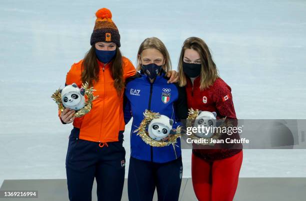 Gold medallist Arianna Fontana of Team Italy , Silver medallist Suzanne Schulting of Team Netherlands and Bronze medallist Kim Boutin of Team Canada...