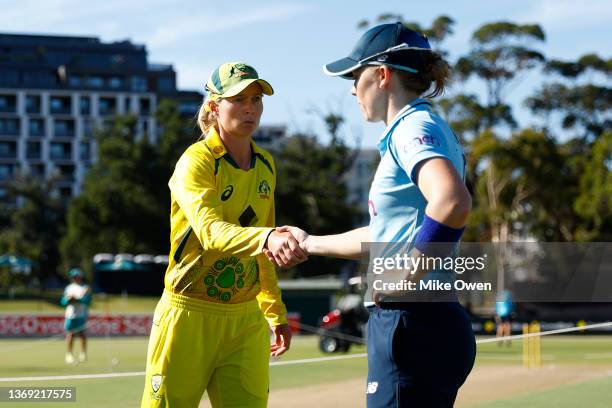 Meg Lanning of Australia and Heather Knight of England shake hands prior to game three of the Women's Ashes One Day International series between...