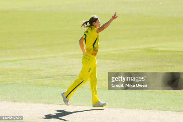 Ellyse Perry of Australia celebrates after bowling out Emma Lamb of England during game three of the Women's Ashes One Day International series...